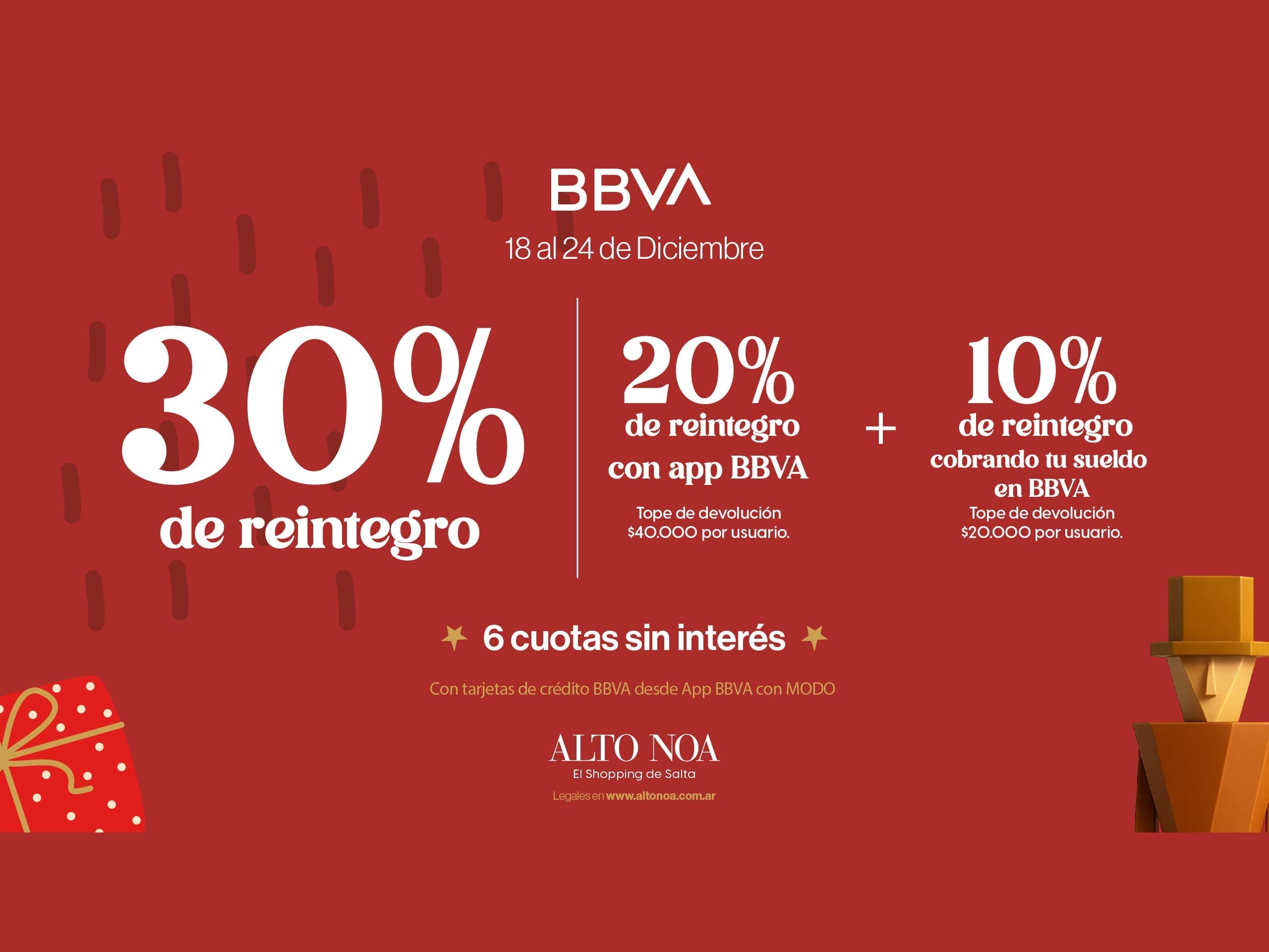 BBVA Navidad: hasta 30% de reintegro + 6 cuotas sin interés