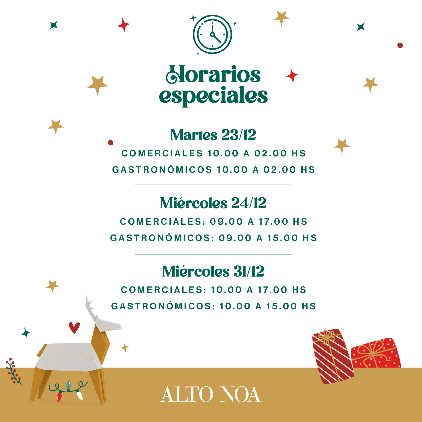 Horarios especiales de fin de año en Alto Noa