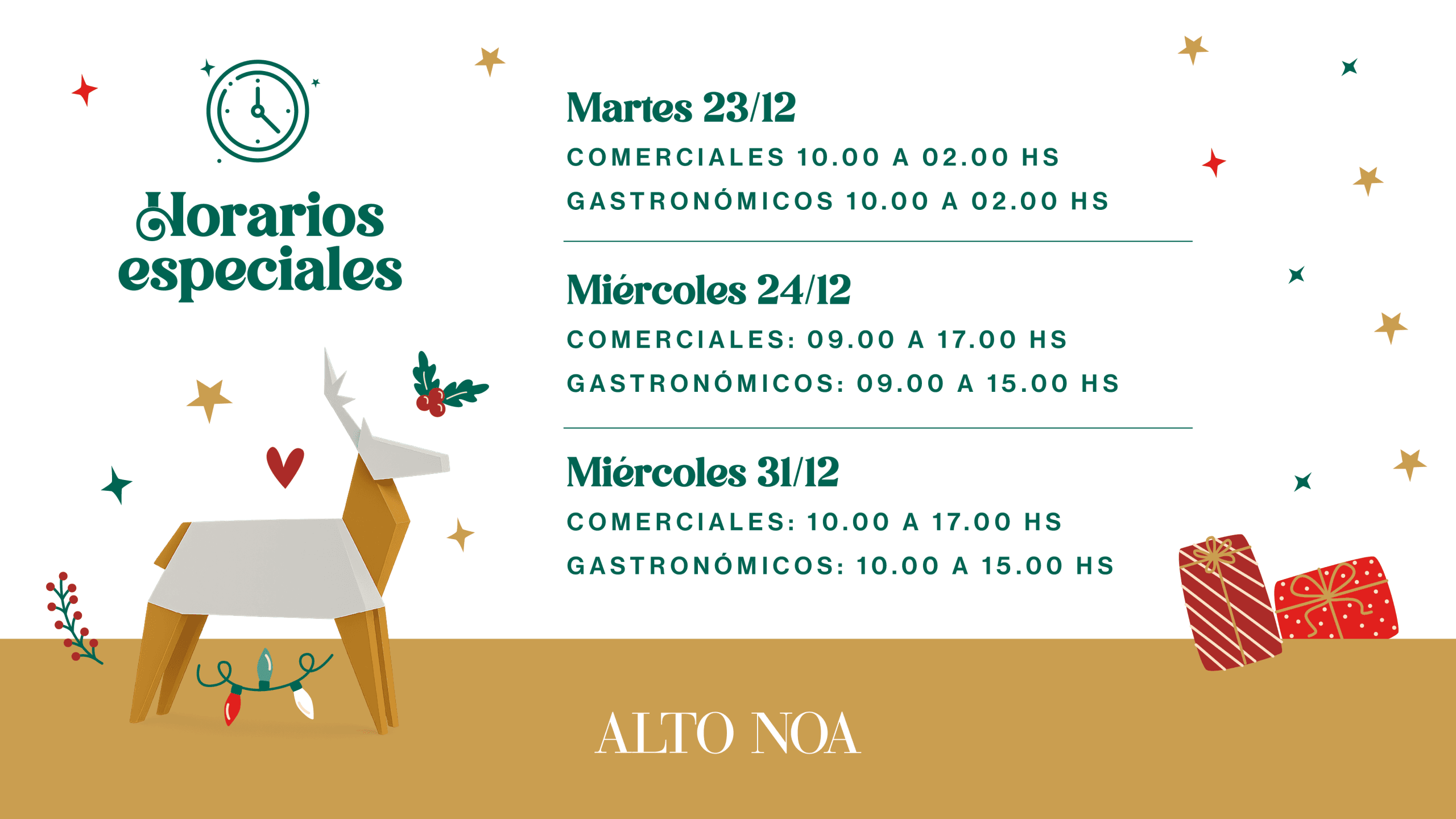 Horarios especiales de fin de año en Alto Noa